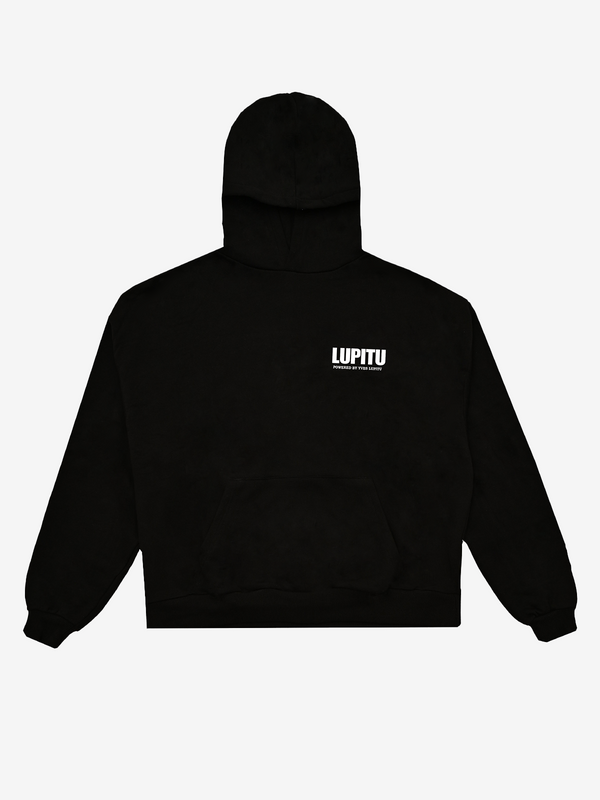 ESSENTIALS POWERED LUPITU BLACK WHITE HOODIE