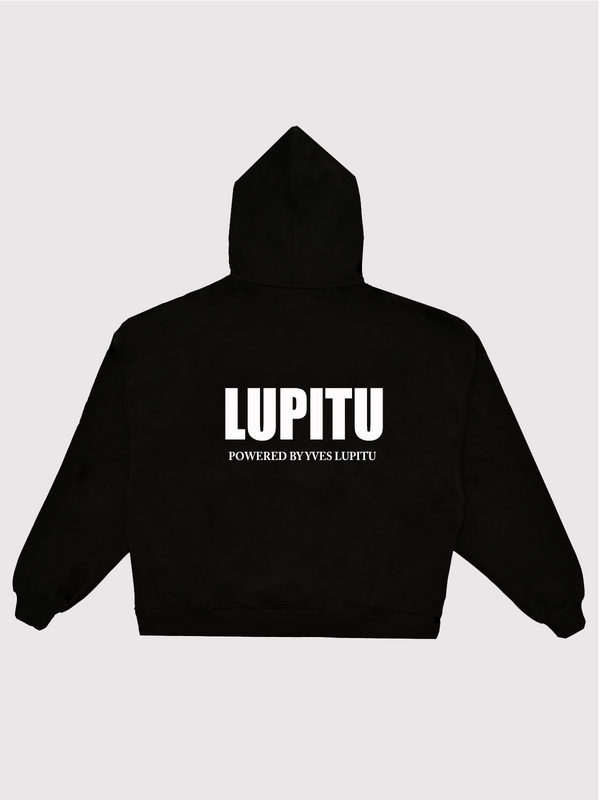 ESSENTIALS POWERED LUPITU BLACK WHITE HOODIE